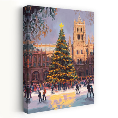 Brightchristmascityno03 Abstract Contemporary Christmas Tree City Landscape Wall Art Print 1 Piece Wrapped Canvas Wall Art