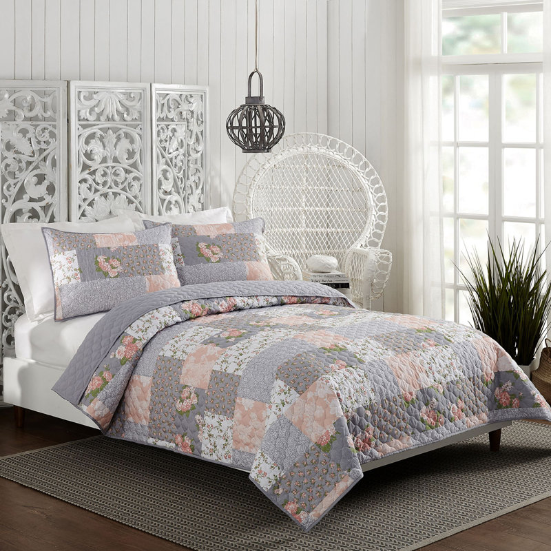 Gray Reversible Twin Microfiber Quilt Set with Floral Design