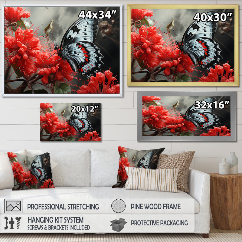 «Red Grey Butterfly Haven II», art mural papillon, H 30 po x l 40 po x P 1,5 po, Cadre doré simple