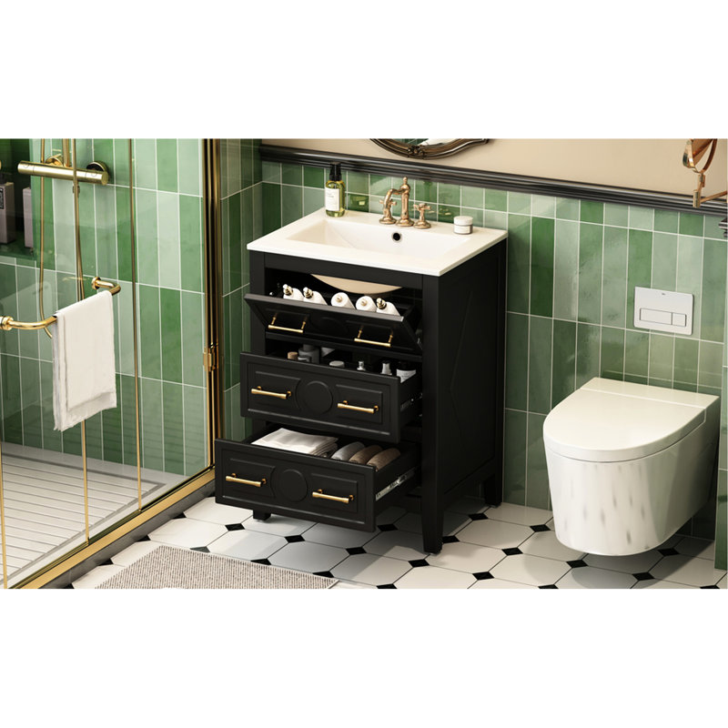 Meuble-lavabo 24 po, lavabo en céramique, 3 tiroirs, rétro, noir, bois massif, facile à assembler, structure élégante en bois de 24 po, apparence rétro, portable