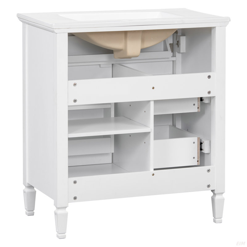 30" Bathroom Vanity With Sink, Bathroom Vanity Cabinet With One Flip Drawer And Two Drawers, Adjustable Shelf, White