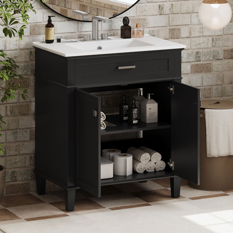 Meuble-lavabo de salle de bain avec lavabo en céramique, Argent, Noir, noir, noir, noir