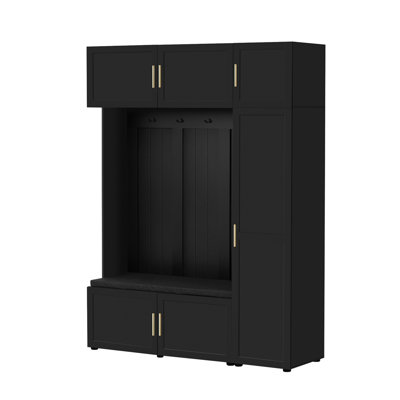 American Style 4-in-1 Hall Tree with Padded Bench, 4 Hooks and Multi-Tier Storage Shelves