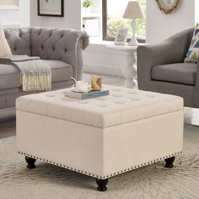 Grand repose-pieds carré avec rangement et pieds en bois (table basse incluse, sans chaises)