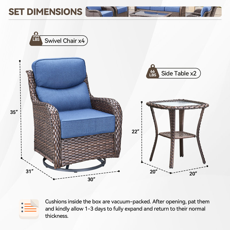Ensemble de conversation d'extérieur en osier pour 4 personnes avec chaises pivotantes et pivotantes et table d'appoint en verre trempé Meriline