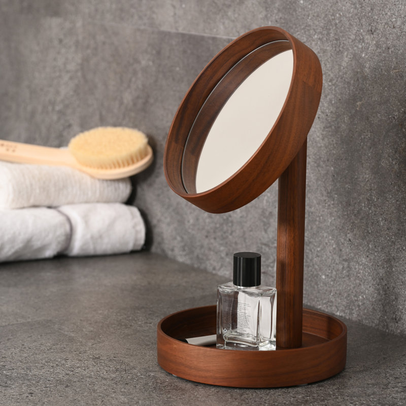 Round Floor Mirror, Dark Brown Wood