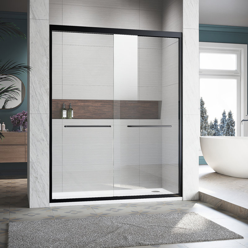 Sliding Shower Glass Door 56-60 in. W x 72 in. H, Adjustable Semi Frameless Shower Door, Certified Thick Clear Clear Tempered Glass, 304 Stainless Steel Handles, Black Finish