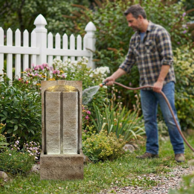  Alger 39.4" H Outdoor Water Fountain with Cascading Waterfall Design Resin Garden Water Feature with Warm LED Lights