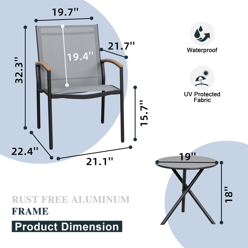 3-Piece Patio Conversation Set, Light Gray/Black