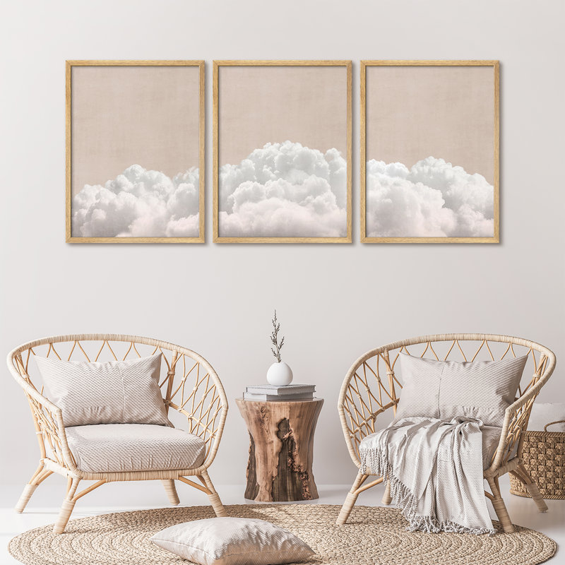 Ensemble de 3 pièces d'art mural encadré en nuage - Impressions de ciel blanc neutre pour décor de chambre à coucher, de chambre de bébé ou de salon