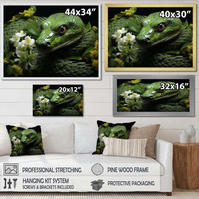 «Snake Serpentine Whispers», reproduction d'art sur toile, Cadre simple argenté, H 16 po x l 32 po x P 1 po