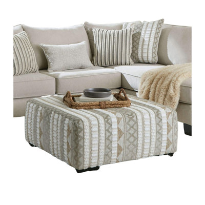 Contemporary Solid Wood Form Ottoman with Black Tapered Legs in Beige/Ivory