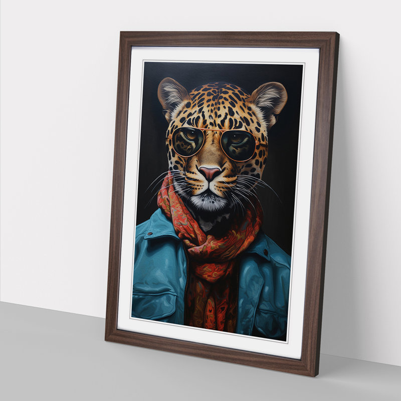 Leopard With Glasses Painting - Single Picture Frame Print on Wood, 34cm H x 25cm W x 2cm D, Walnut Framed