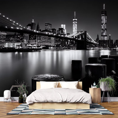 Black And White NYC Skyline Wallpaper – Elegant Brooklyn Bridge Mural For Bedroom Or Office, Dramatic Urban Cityscape, Stunning Monochrome Wall Art