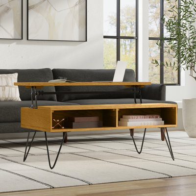 Petite table basse industrielle en bois massif et métal avec rangement caché Hunter, 2 casiers et pieds en épingle à cheveux