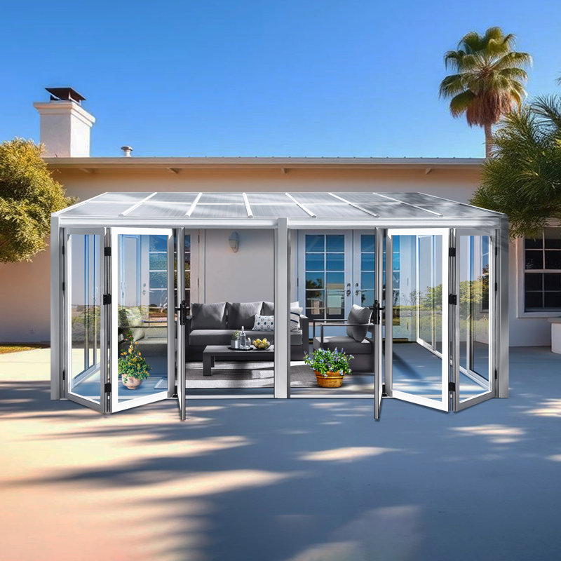 16.7' x 9' Real Tempered Glass Sunroom with Retractable Bi-Fold Doors – Modern Greenhouse Patio Addition, White