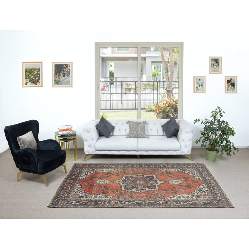 Tapis tribal rétro en laine, tapis de village fait à la main avec médaillon
