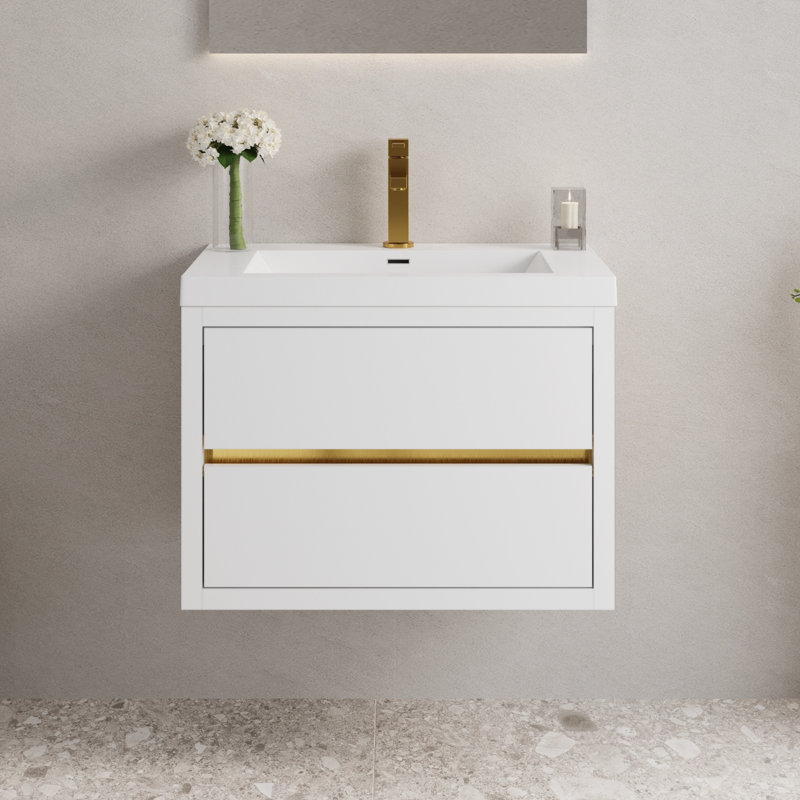 30" Wall-Mounted Bathroom Vanity Floating Single Sink Vanity with Stone Resin Top and Basin, 2 Soft Close Drawers, Oak
