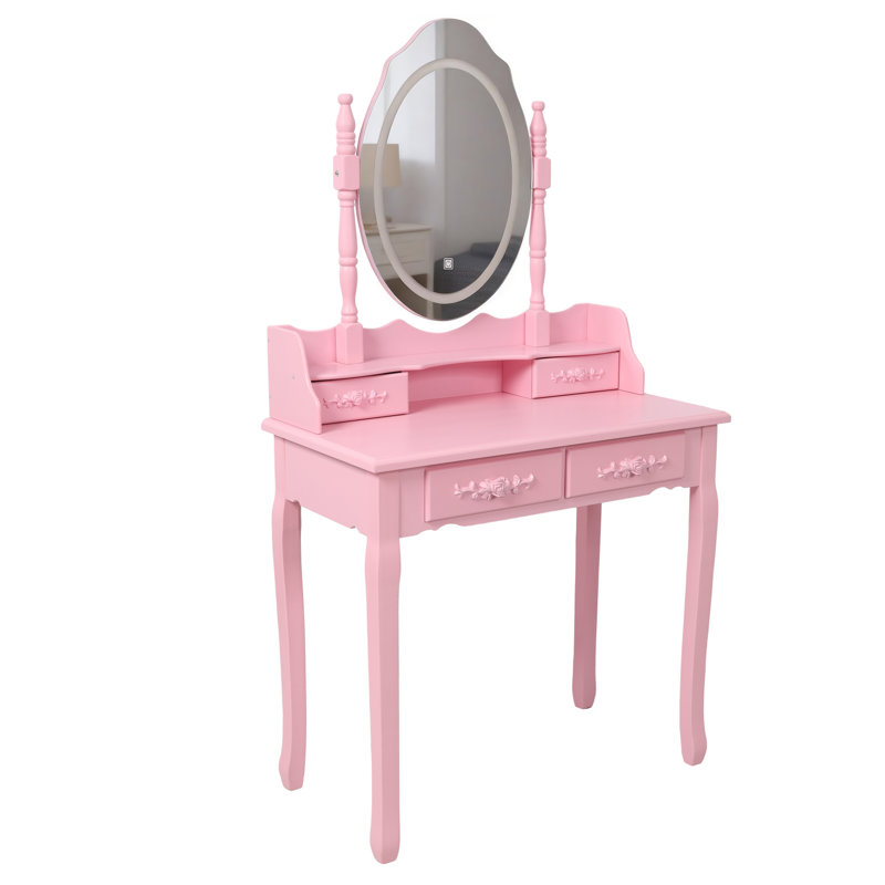 Pink Princess Vanity Desk Set With Mirror & Cushioned Stool,Light Modes,4-Drawer Wooden Makeup Vanity Table For Girls' Bedroom, Dressing Table With Ample Storage