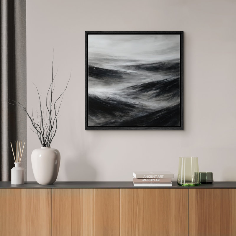 Framed Canvas Wall Art Abstract Landscape Print for Neutral Modern Decor, Black, 16" H x 16" W
