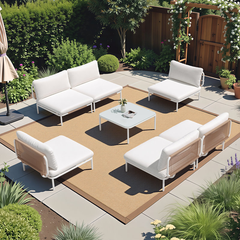 Canapé modulaire d'extérieur en métal pour 6 personnes avec table, Beige Cushion/White Frame