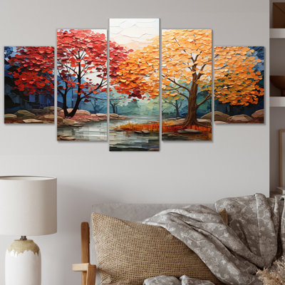  «Orange Maple Trees Majestic II - Art mural sur toile floral - 5 panneaux