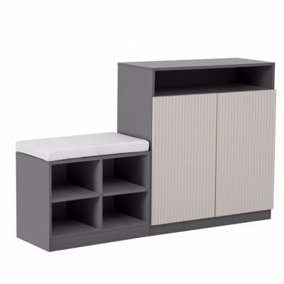 Livingroom Cabinet With Shoe Bench, 2 Doors And 3-Tier Adjustable Shelves, Entryway Bench With 4 Open Shoe Racks And Removeble Cushion, Storage Console Table With Wavy Slatted Door And Hooks