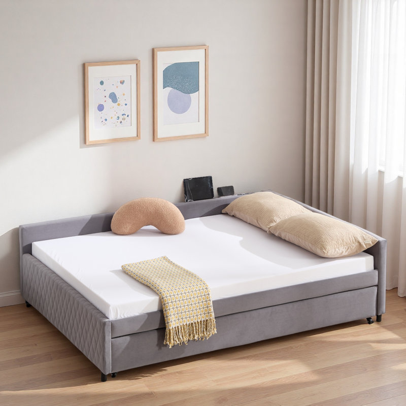 Upholstered Daybed With Trundle And Usb, Gray
