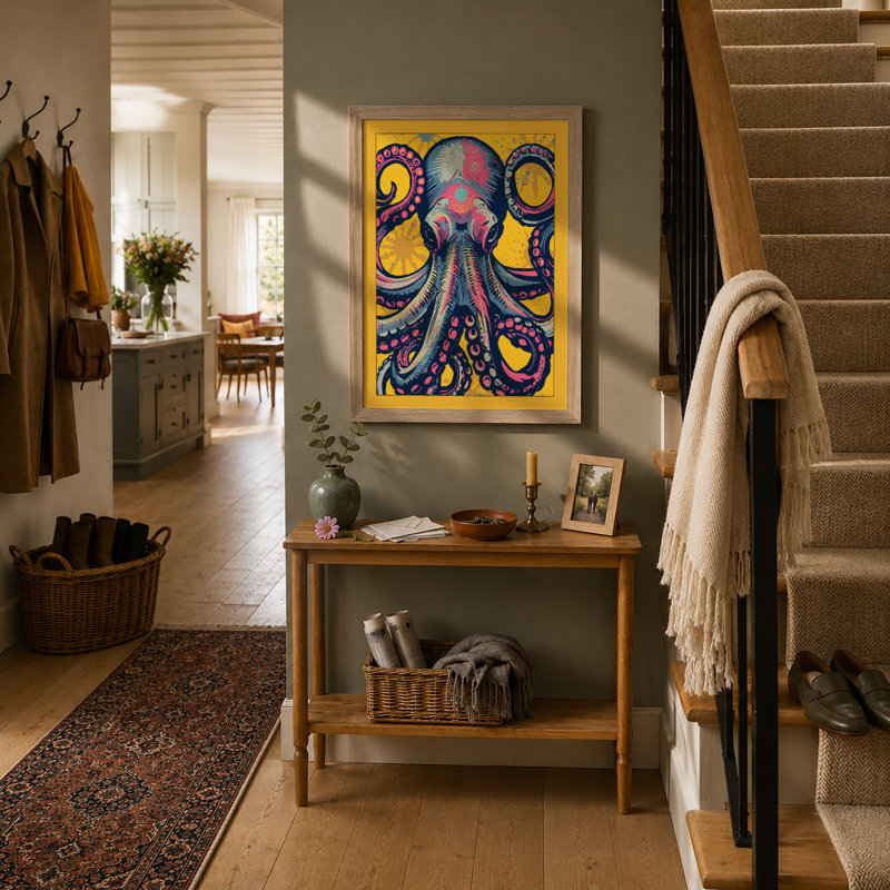 Ornamental Octopus Art Deco - Framed Print, A2 - 59.4 x 42.0 cm, Oak