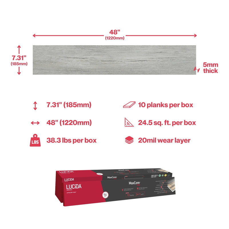 MaxCore Pro 20mil x 7.3" W x 48" L Click Lock Luxury Vinyl Plank Flooring, Graywolf
