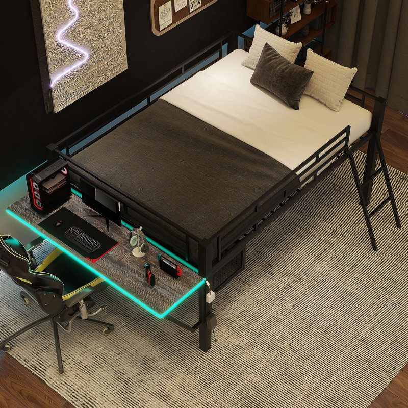 Lit mezzanine avec bureau Gaming, DEL, double, noir