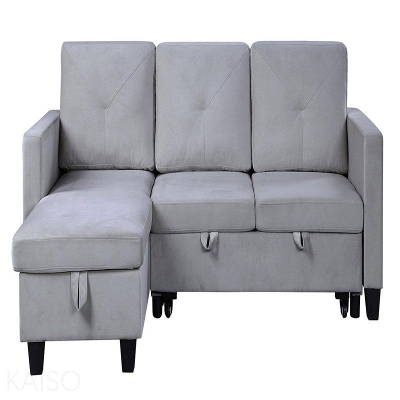 Canapé-lit modulaire en velours réversible avec méridienne de rangement, Gris clair