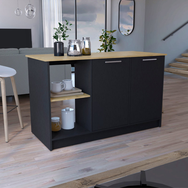 Îlot de cuisine avec grande surface supérieure, armoire à deux portes et tablettes ouvertes, Noir