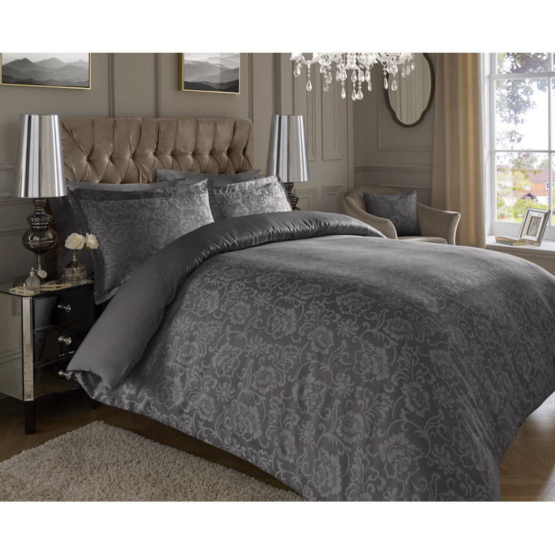 Lyon 600 TC Jacquard Duvet Cover Set, Dark Grey, Double - 2 Standard Pillowcases