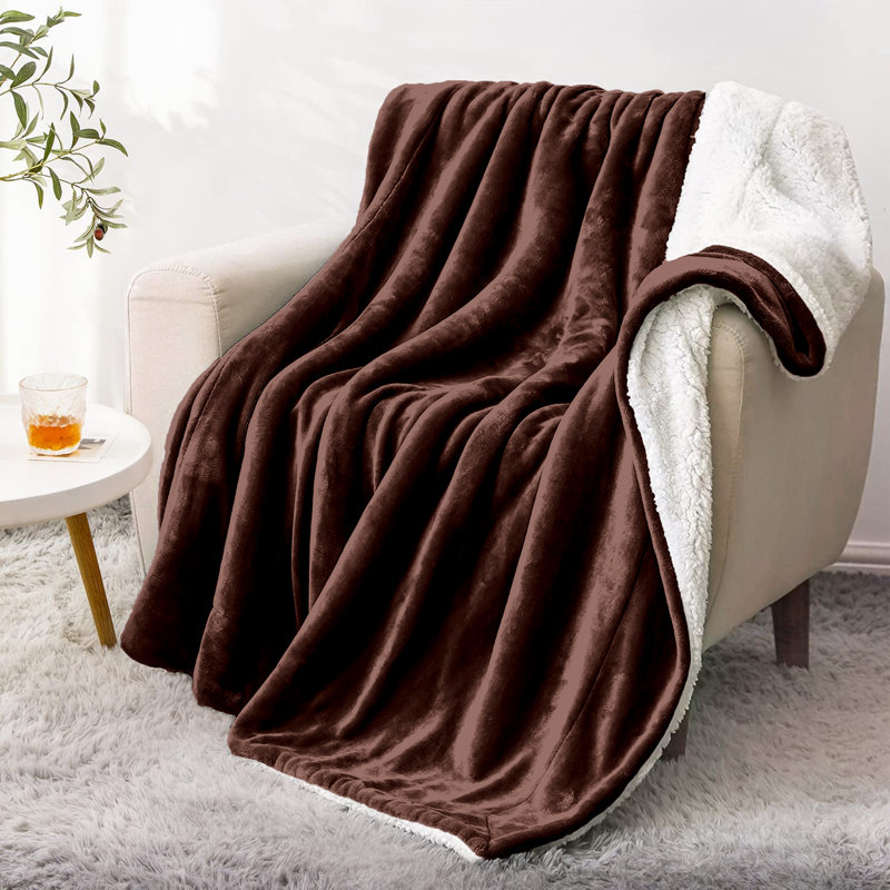 Sherpa Fleece Fur Thick Reversible Blanket Throw, Coffee, 200cm x 150cm