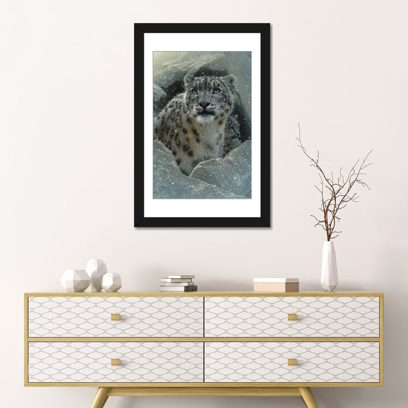 Neige leopard fortress, vertical, H 24 po x l 16 po x P 1 po, Papier d'art encadré noir, Blanc