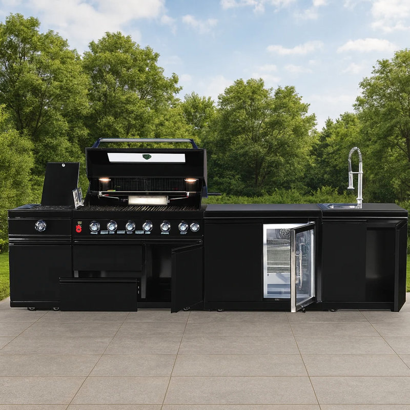 Barbecue au gaz noir avec quatre brûleurs, structure en acier inoxydable, corps de brûleur extérieur modulaire et chauffant, chaleur uniforme, configuration parfaite
