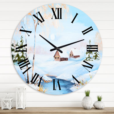 Paysage d'hiver rivière gelée dans la forêt - horloge murale Lake House