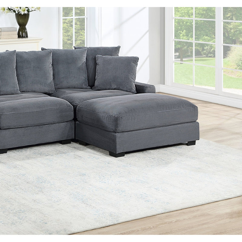 Modern 4 Dark Grey Corduroy Sectional With And Cushions Living Room Square Arms