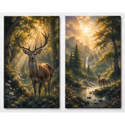 Large Set of 2 Deer Forest Wall Art Canvas Prints,Sunlit Woodland Wildlife Artwork for Cabin Decor 16x24 Inch Canvas Print - Ready to hang