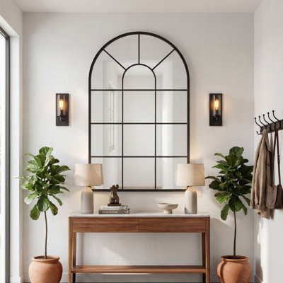 48x28Inch Arched Window Pane Mirror| Black Arched Mirrors for Wall & Floor | Arch Mirror Full Length for Entryway Living Room & Bedroom | Oversized Mirrors | Wall Art Decorative |Farmhouse Décor