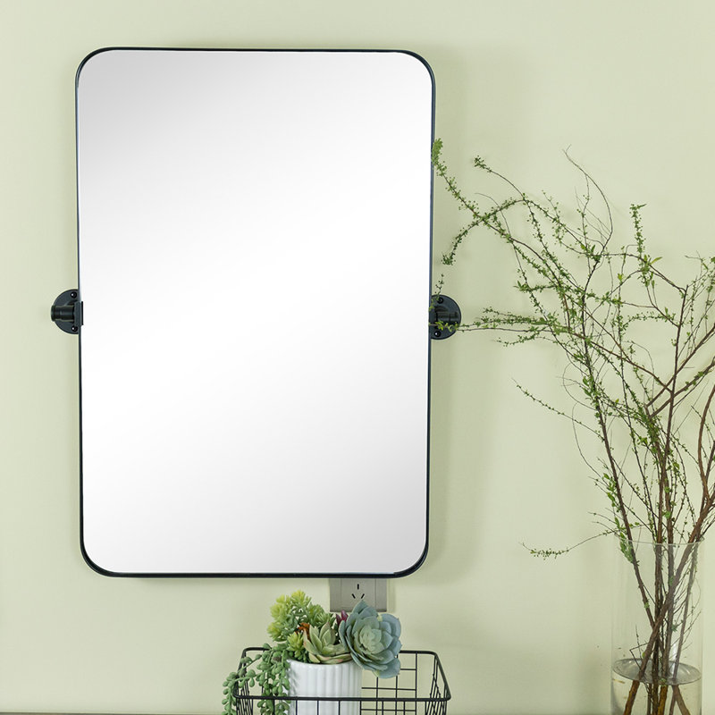 Aura Rounded 36" H x 24" W Small Rectangular Pivoting Metal Framed Wall Mounted Bathroom Vanity Mirror in Matte Black