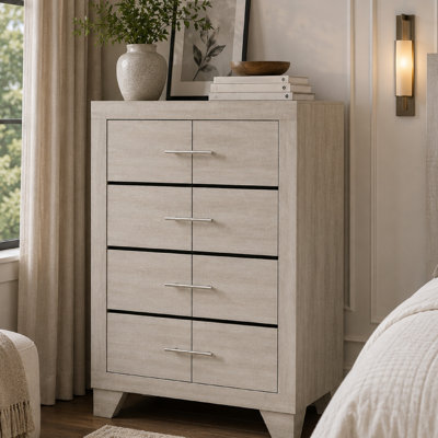 Commode haute Qanto, 4 tiroirs, nickel métallique, bois crème rustique