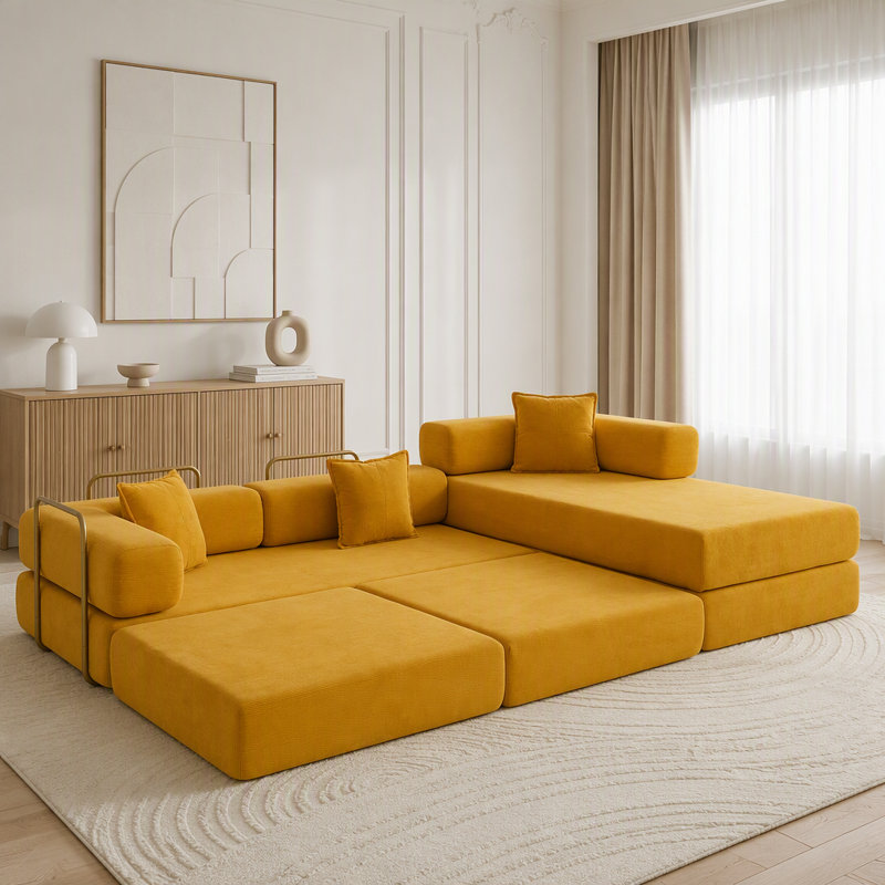 Canapé modulaire en velours côtelé modulaire avec méridienne en L, sans assemblage, Yellow