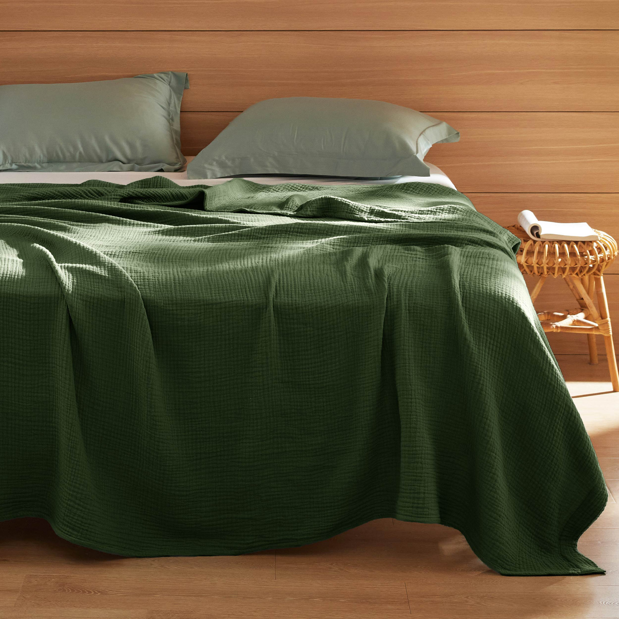 Bedsure 200gsm 100% Cotton Lightweight Muslin Blanket GentleSoft™️for Spring & Summer, Queen, Olive Green