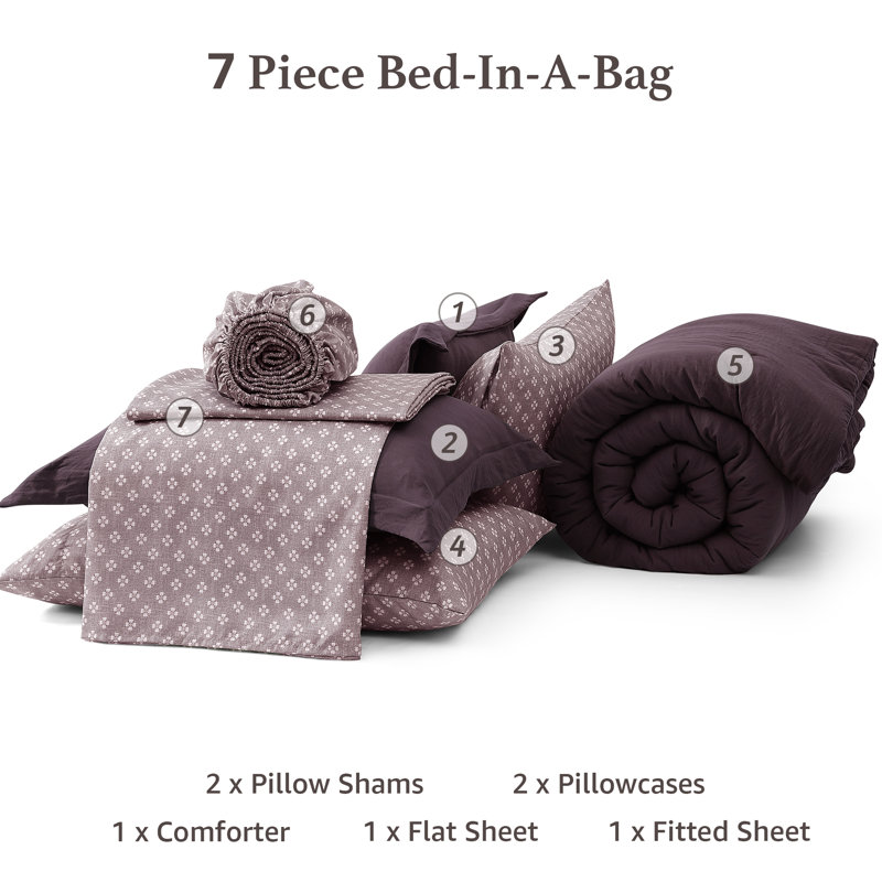 Ensemble d'édredon pour grand lit Monbix - Ensemble de 7 pièces de literie pour grand lit prélavé prune italienne dans un sac, édredon toutes saisons avec draps, taies d'oreiller et taies décoratives