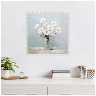 White Daisies in a Jar on French Cottage Blue by The Creative Bunch Studio Framed Canvas Wall Art Print 