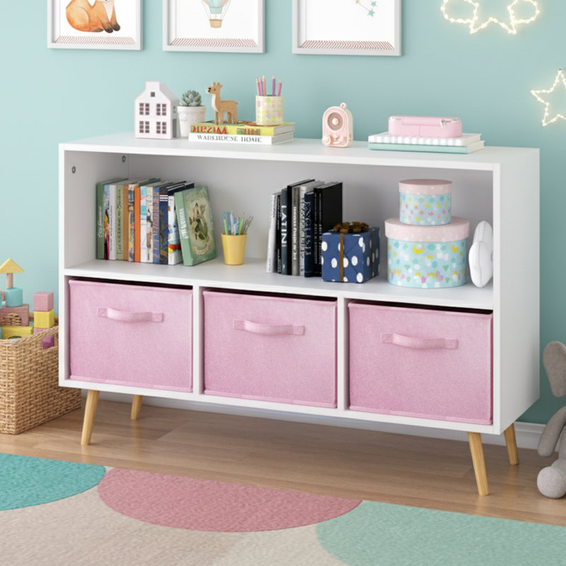 Bibliothèque pour enfants de 35 pouces de largeur avec 3 tiroirs en tissu rose, rangement pour jouets bas et pieds en bois massif pour salle de jeux, blanc et rose