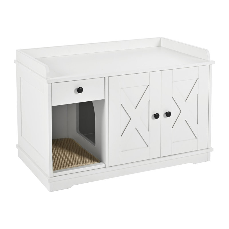 Enceinte de litière pour chat GO, meubles de litière cachés avec tapis de litière pour chat, table d'appoint pour chat avec tiroir, table d'appoint de style campagnard pour le salon, blanc