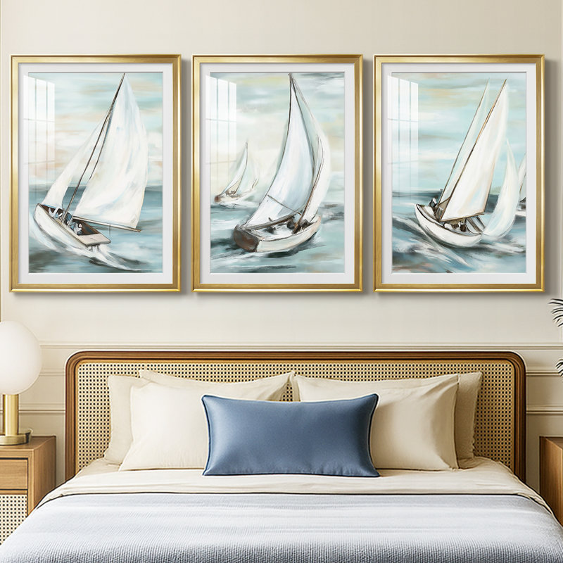 NAUTICAL Series Liv - Impression encadrée sur mesure de qualité supérieure mate - 3 pièces, H 21 po x l 30 po, Doré
